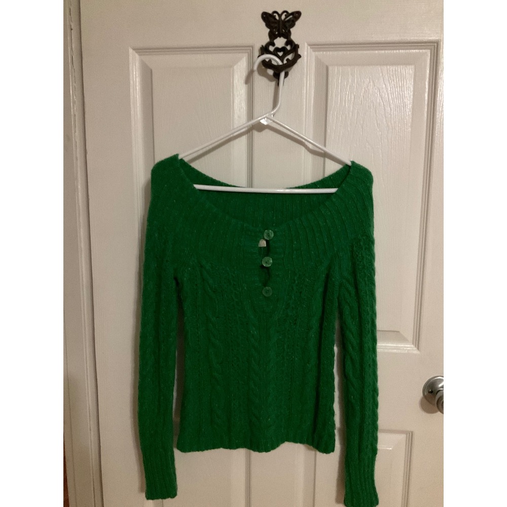 American Eagle Outfitters Green Cable Knit Button Front Scoop Neck Sweater Small